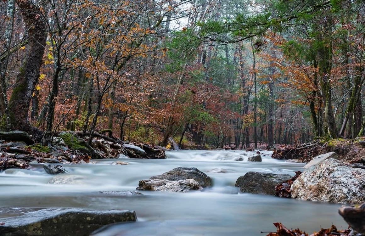 A serene river flows among rocks and colorful autumn foliage in a wooded landscape.
