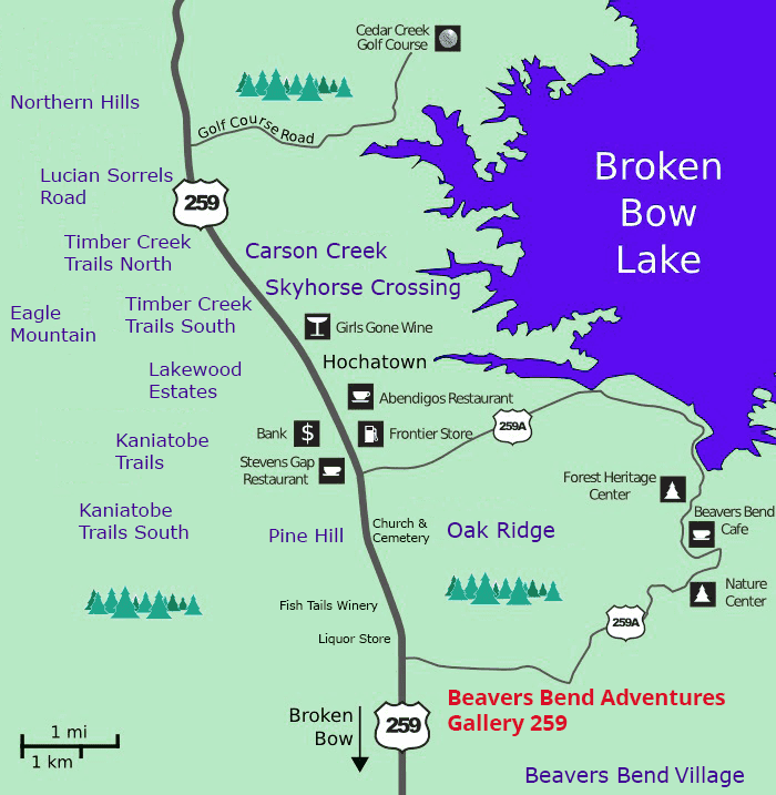 Map of the Broken Bow Lake area, highlighting roads, landmarks, and recreational locations.
